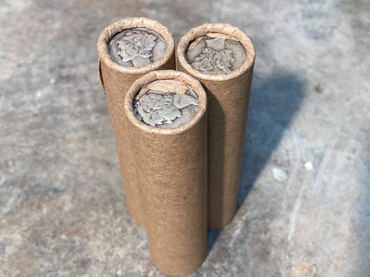 SILVER MERCURY DIME showing on old vintage unsearched old brown wheat penny roll us coins estate collection cent sale pennies lot hoard
